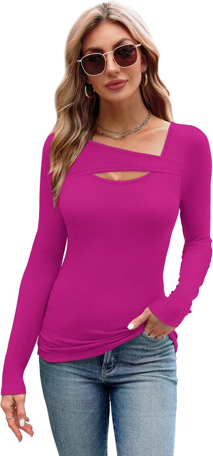 imageXIEERDUO Womens Long Sleeve Tops Slim Fit Fall Shirts Cutout Tops Y2K Ribbed TshirtPurple Red