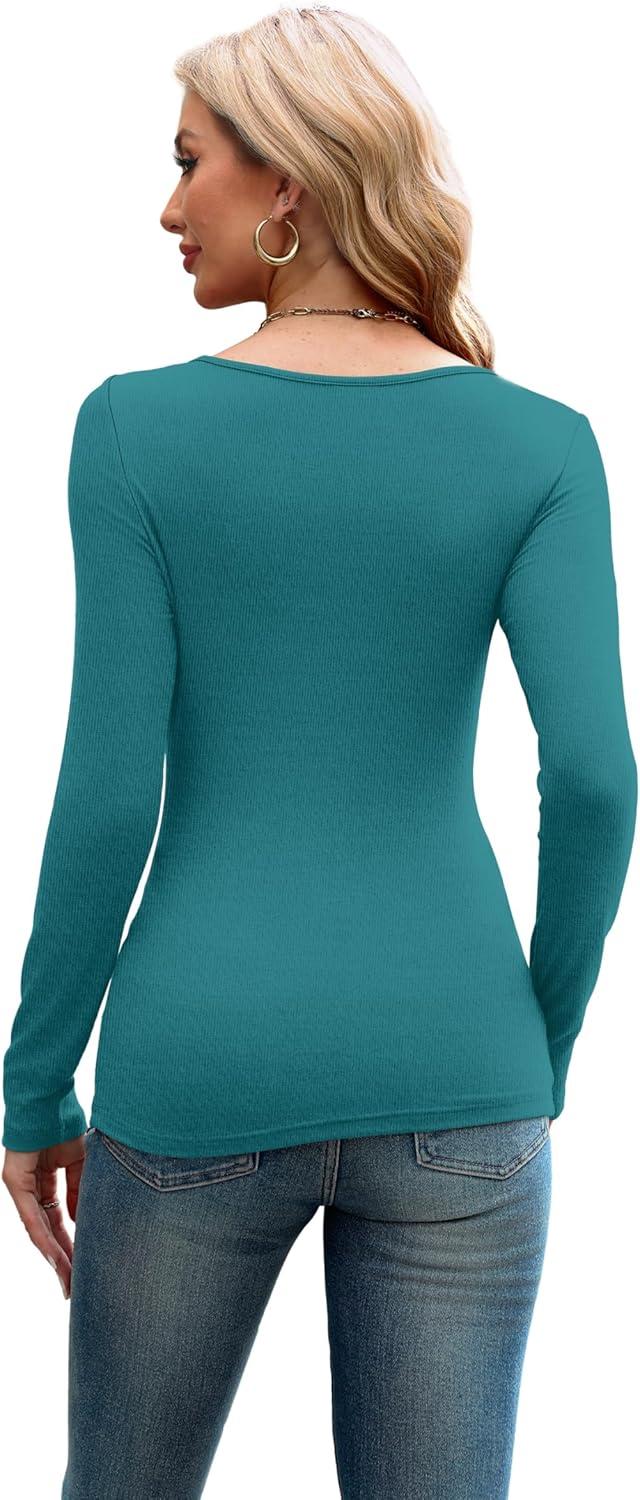 imageXIEERDUO Womens Long Sleeve Tops Slim Fit Fall Shirts Cutout Tops Y2K Ribbed TshirtTeal