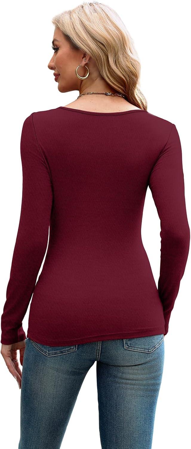 imageXIEERDUO Womens Long Sleeve Tops Slim Fit Fall Shirts Cutout Tops Y2K Ribbed TshirtWine Red