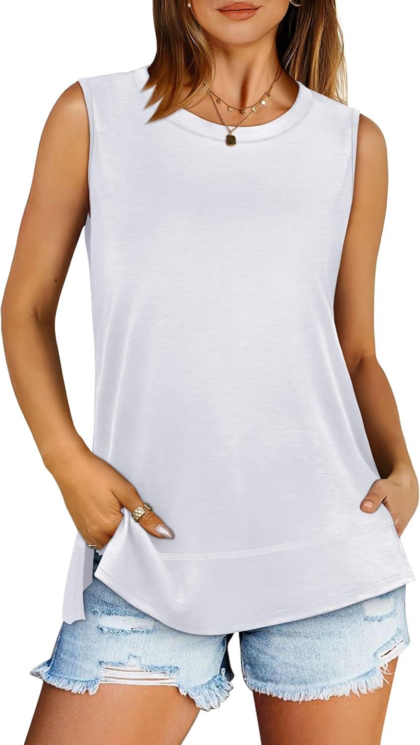 imageXIEERDUO Womens Summer Tank Tops Sleeveless Round Neck Casual Side Hem Tops Loose FitA White