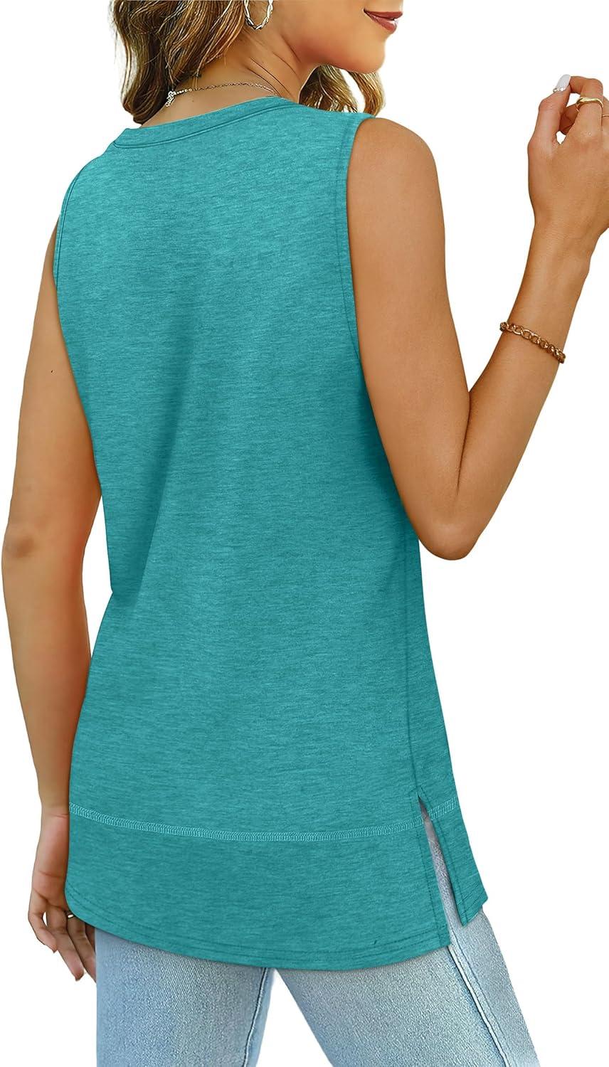 imageXIEERDUO Womens Summer Tank Tops Sleeveless Round Neck Casual Side Hem Tops Loose FitB Turquoise
