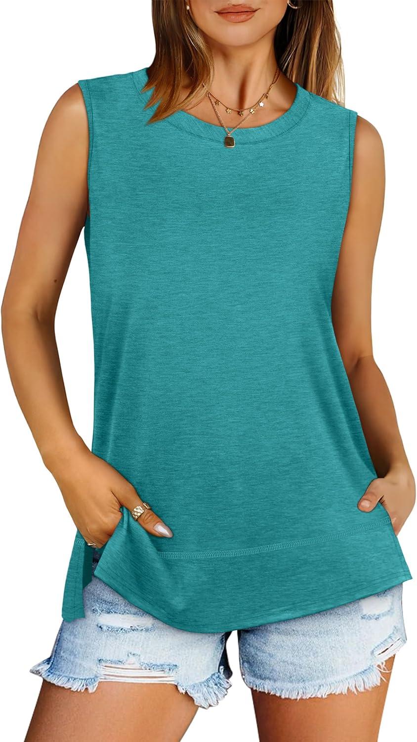 imageXIEERDUO Womens Summer Tank Tops Sleeveless Round Neck Casual Side Hem Tops Loose FitB Turquoise