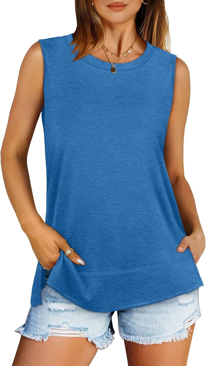 imageXIEERDUO Womens Summer Tank Tops Sleeveless Round Neck Casual Side Hem Tops Loose FitBlue