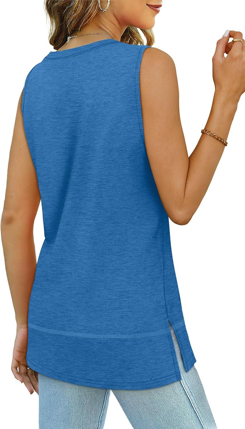 imageXIEERDUO Womens Summer Tank Tops Sleeveless Round Neck Casual Side Hem Tops Loose FitBlue