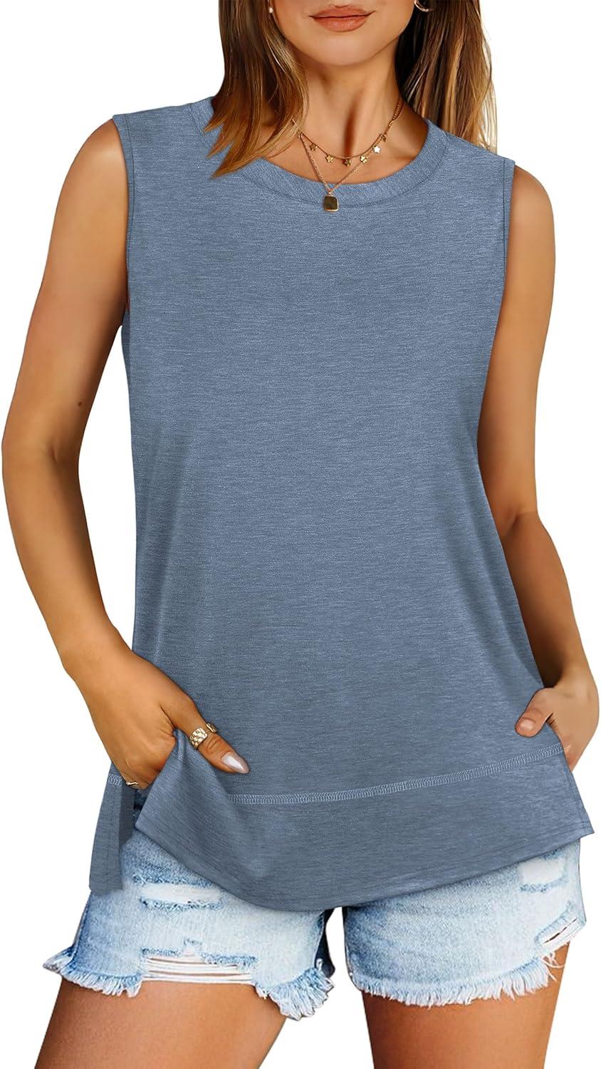imageXIEERDUO Womens Summer Tank Tops Sleeveless Round Neck Casual Side Hem Tops Loose FitDark Blue