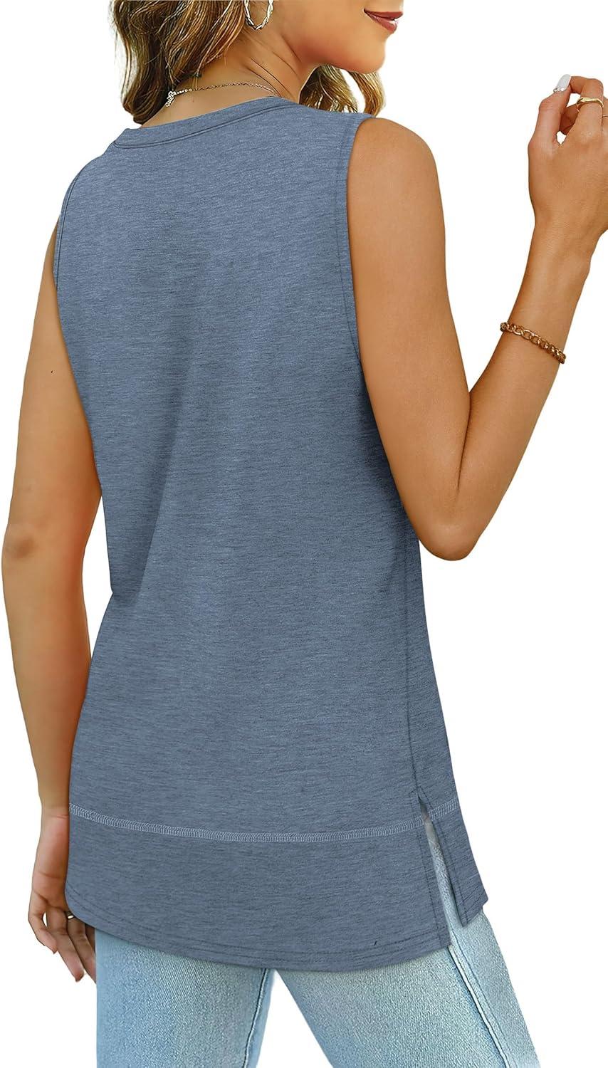 imageXIEERDUO Womens Summer Tank Tops Sleeveless Round Neck Casual Side Hem Tops Loose FitDark Blue