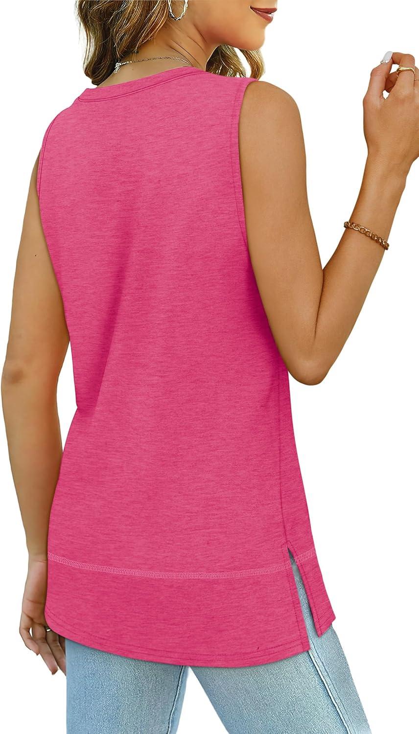imageXIEERDUO Womens Summer Tank Tops Sleeveless Round Neck Casual Side Hem Tops Loose FitHot Pink
