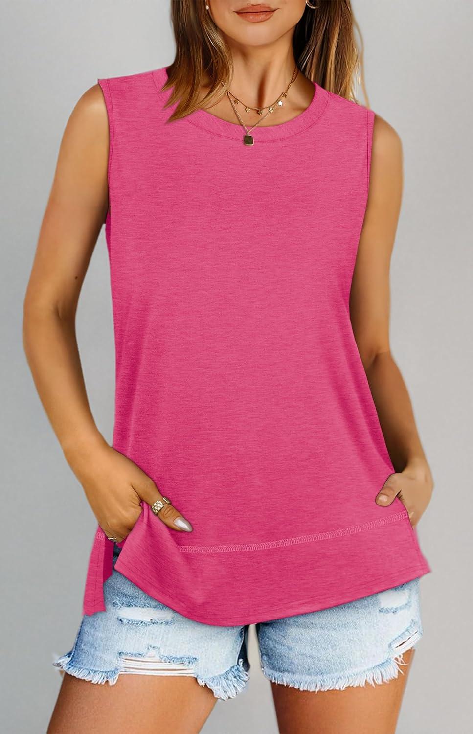 imageXIEERDUO Womens Summer Tank Tops Sleeveless Round Neck Casual Side Hem Tops Loose FitHot Pink
