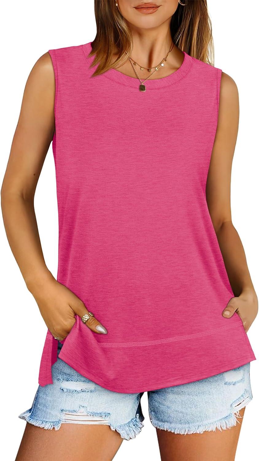 imageXIEERDUO Womens Summer Tank Tops Sleeveless Round Neck Casual Side Hem Tops Loose FitHot Pink