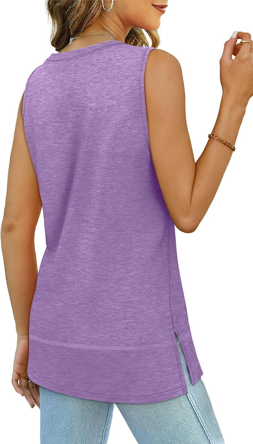 imageXIEERDUO Womens Summer Tank Tops Sleeveless Round Neck Casual Side Hem Tops Loose FitLavender