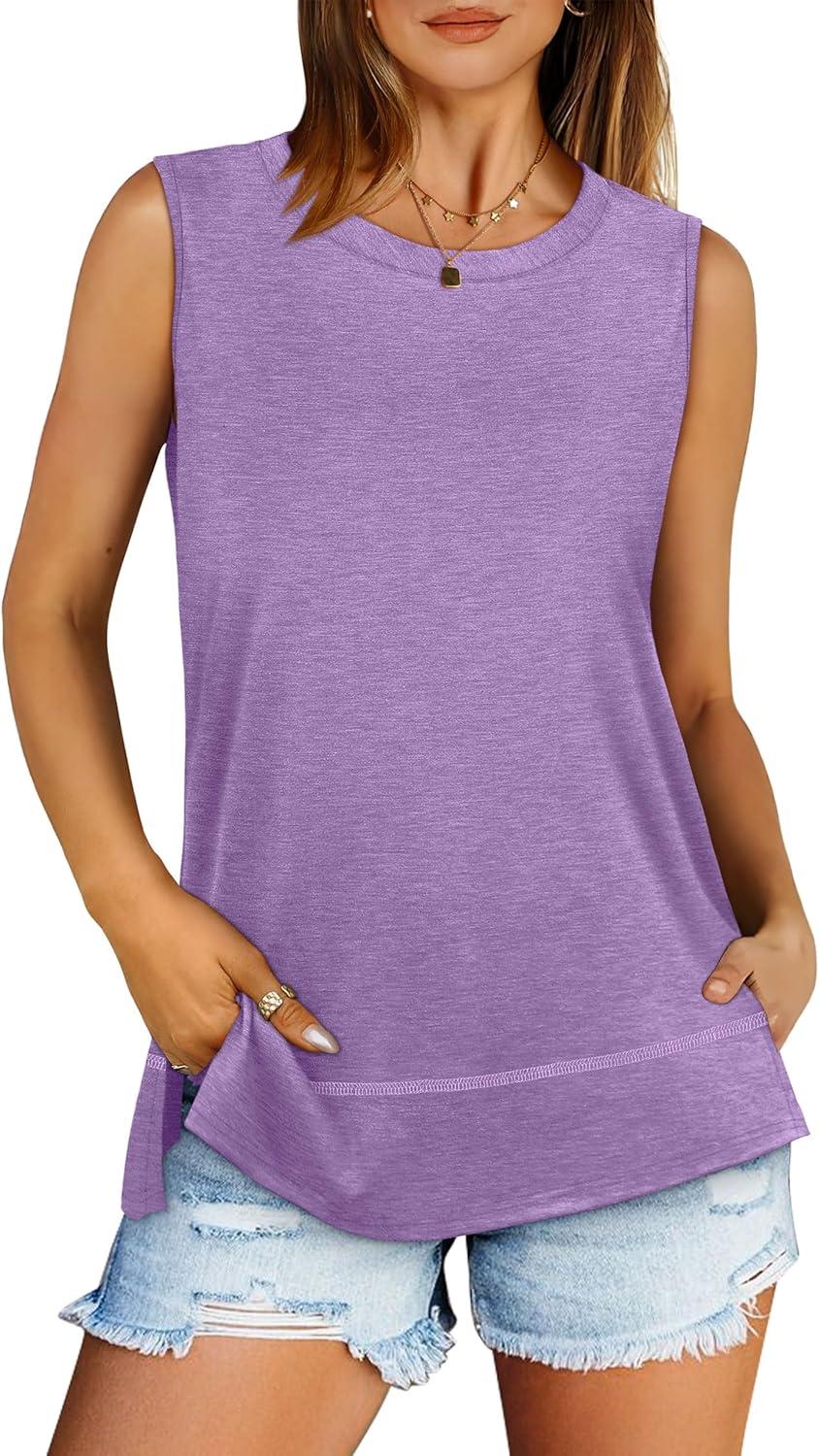 imageXIEERDUO Womens Summer Tank Tops Sleeveless Round Neck Casual Side Hem Tops Loose FitLavender