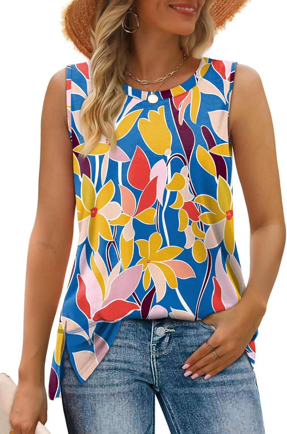 imageXIEERDUO Womens Summer Tank Tops Sleeveless Round Neck Casual Side Hem Tops Loose FitPrinted Colorful