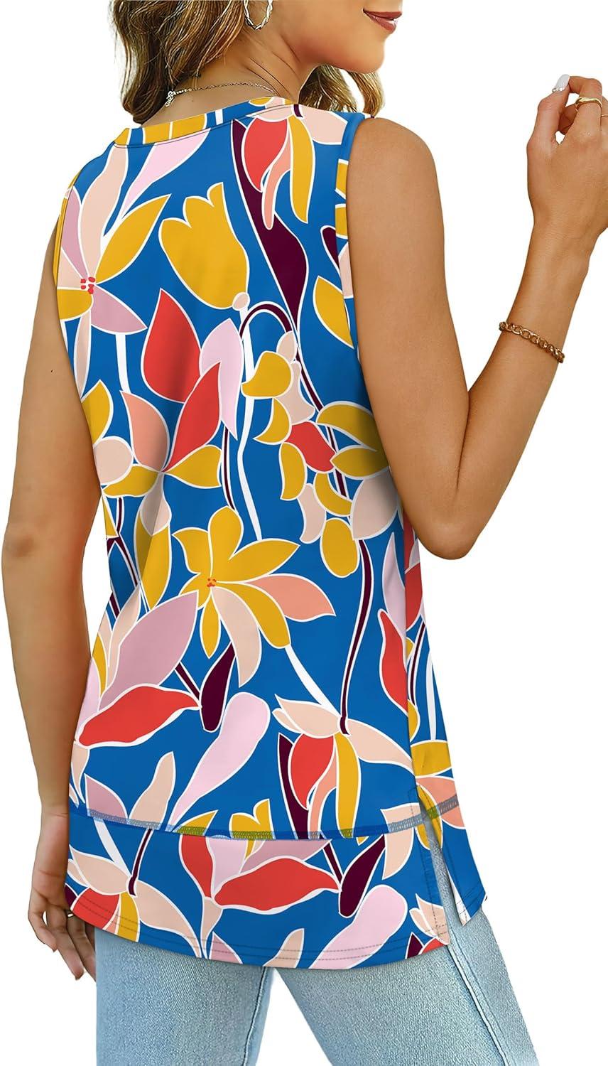 imageXIEERDUO Womens Summer Tank Tops Sleeveless Round Neck Casual Side Hem Tops Loose FitPrinted Colorful