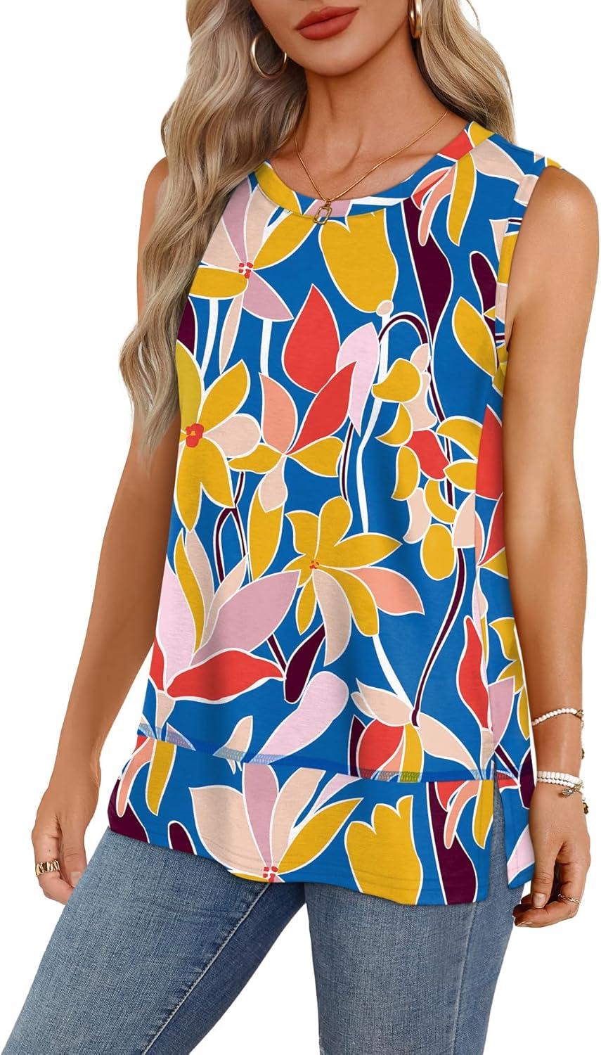 imageXIEERDUO Womens Summer Tank Tops Sleeveless Round Neck Casual Side Hem Tops Loose FitPrinted Colorful