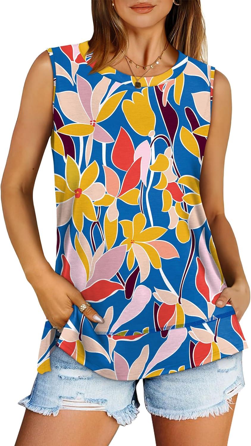 imageXIEERDUO Womens Summer Tank Tops Sleeveless Round Neck Casual Side Hem Tops Loose FitPrinted Colorful