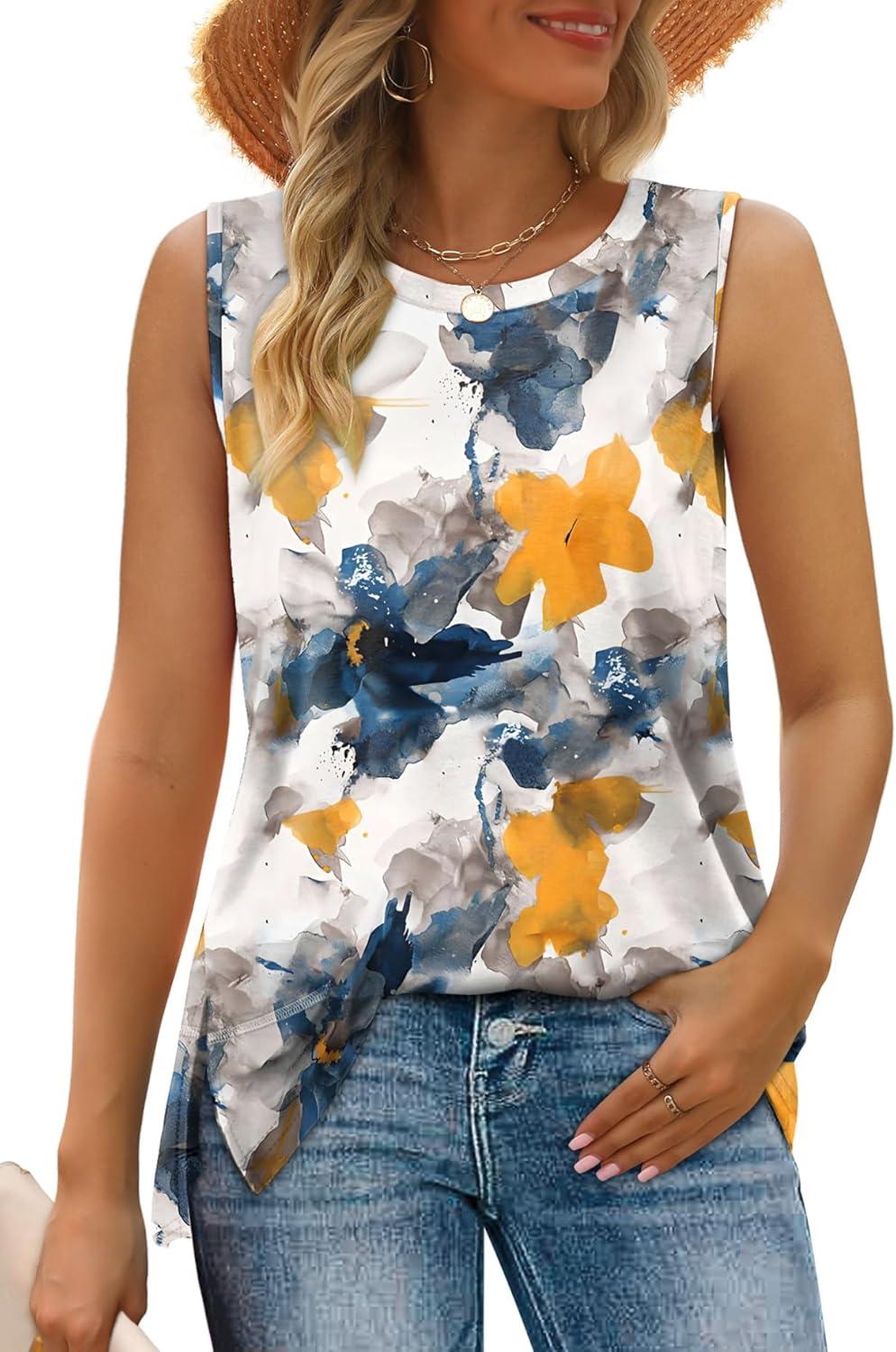imageXIEERDUO Womens Summer Tank Tops Sleeveless Round Neck Casual Side Hem Tops Loose FitPrinted Tie Dye