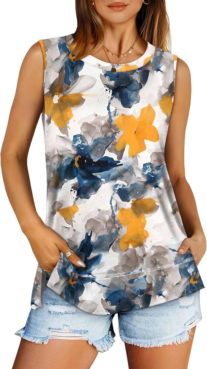 imageXIEERDUO Womens Summer Tank Tops Sleeveless Round Neck Casual Side Hem Tops Loose FitPrinted Tie Dye
