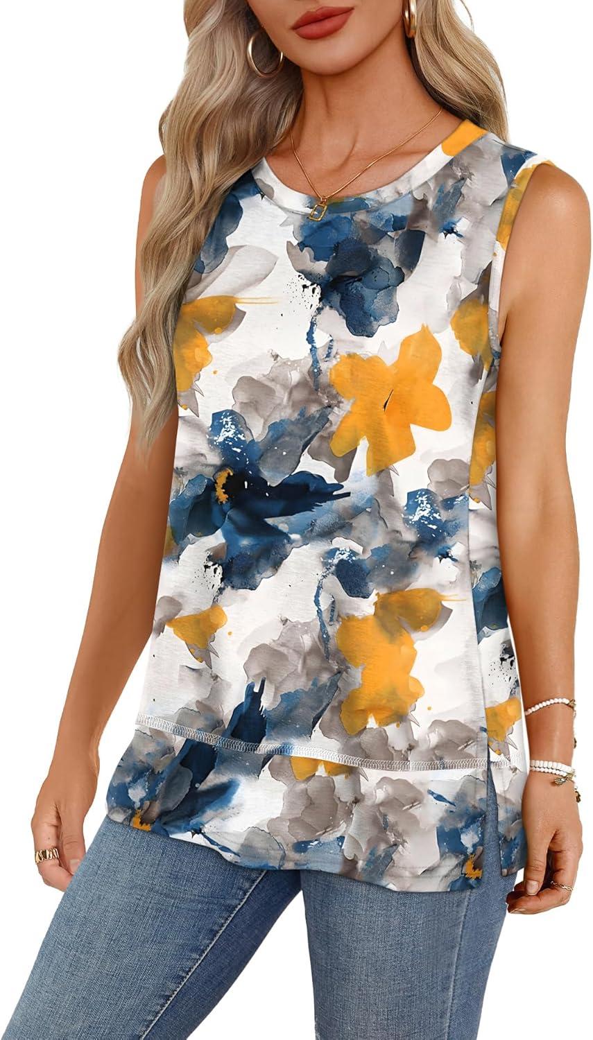 imageXIEERDUO Womens Summer Tank Tops Sleeveless Round Neck Casual Side Hem Tops Loose FitPrinted Tie Dye