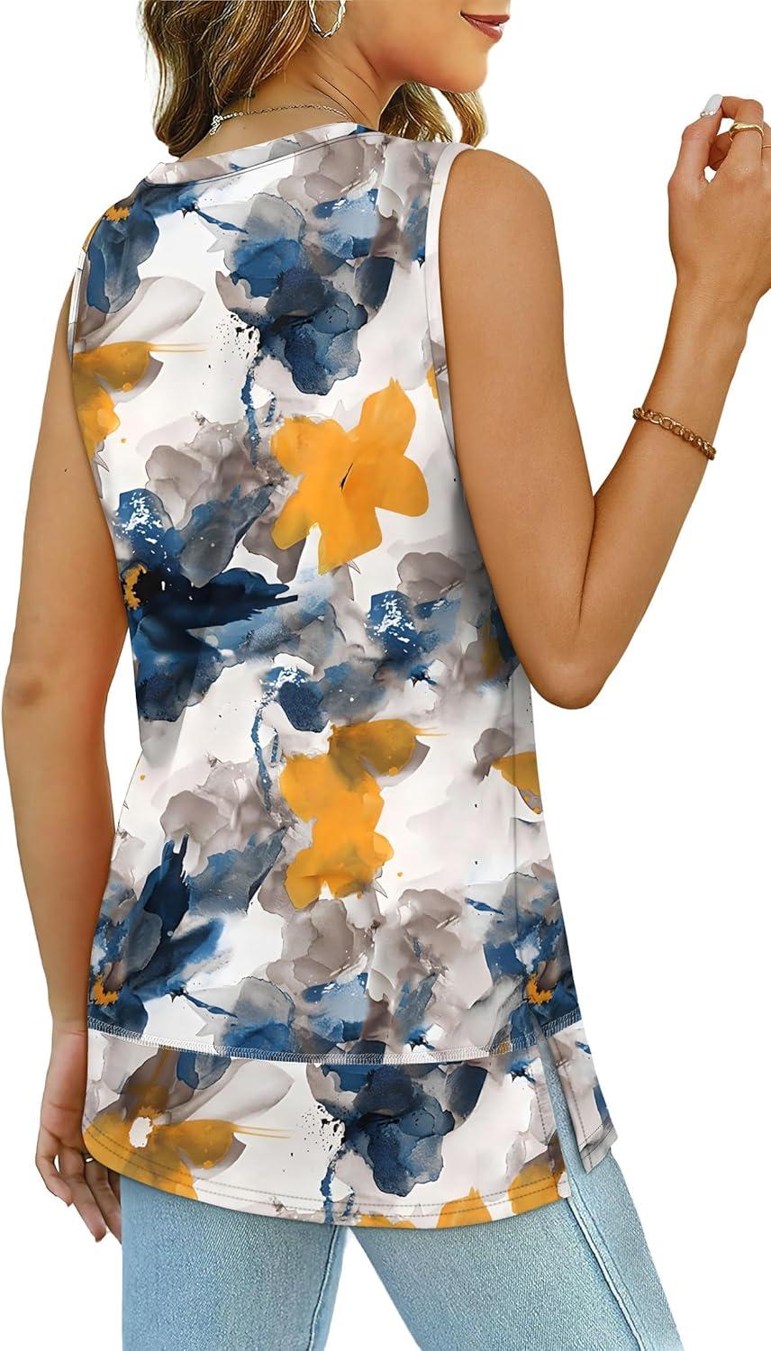 imageXIEERDUO Womens Summer Tank Tops Sleeveless Round Neck Casual Side Hem Tops Loose FitPrinted Tie Dye