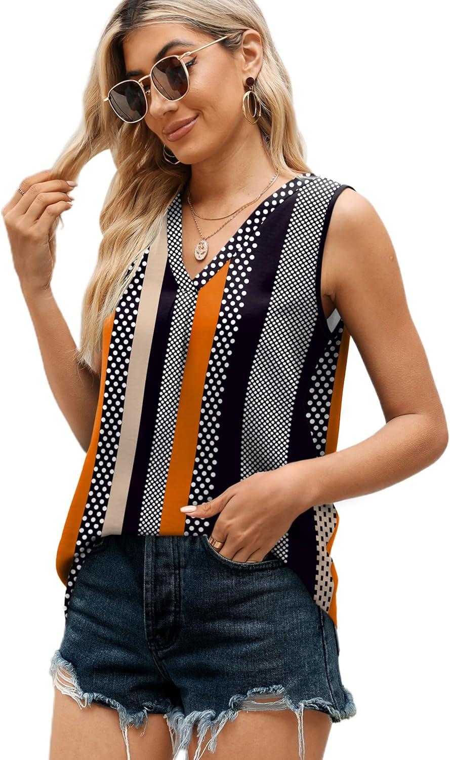 imageXIEERDUO Womens V Neck Chiffon Tank Top Sleeveless Work Office Pleated Blouses Tops02astripe Print