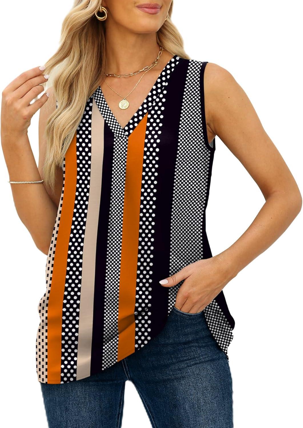 imageXIEERDUO Womens V Neck Chiffon Tank Top Sleeveless Work Office Pleated Blouses Tops02astripe Print
