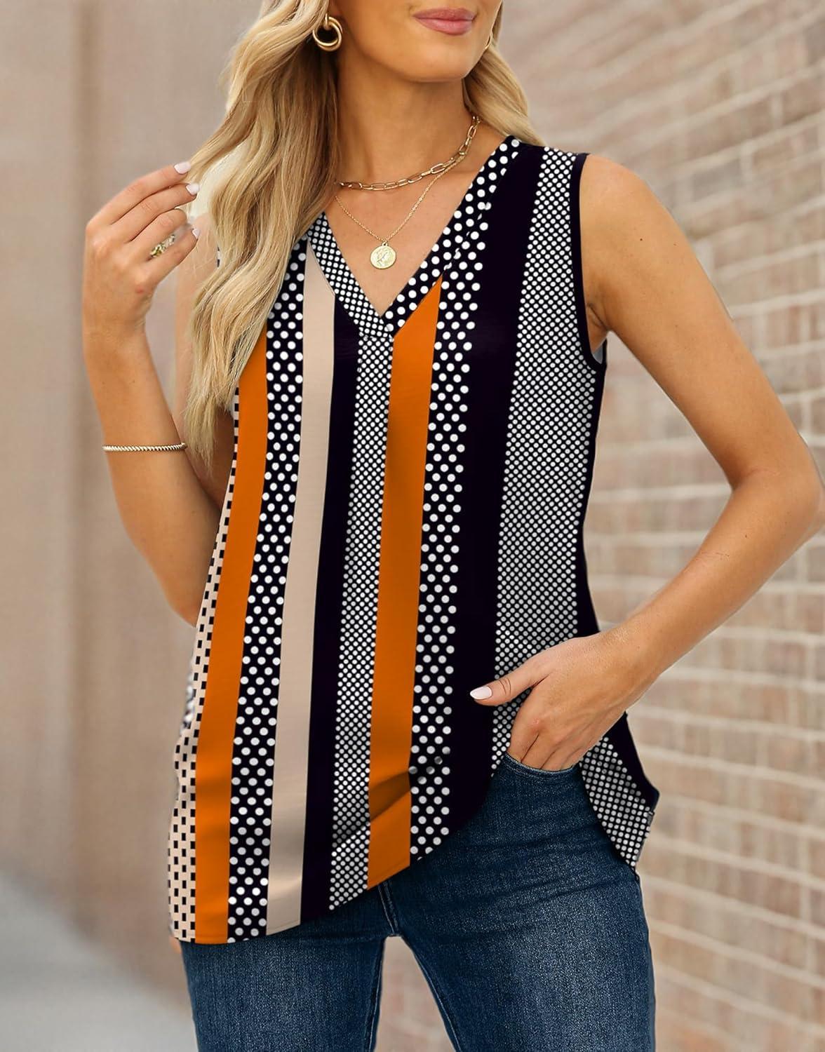 imageXIEERDUO Womens V Neck Chiffon Tank Top Sleeveless Work Office Pleated Blouses Tops02astripe Print