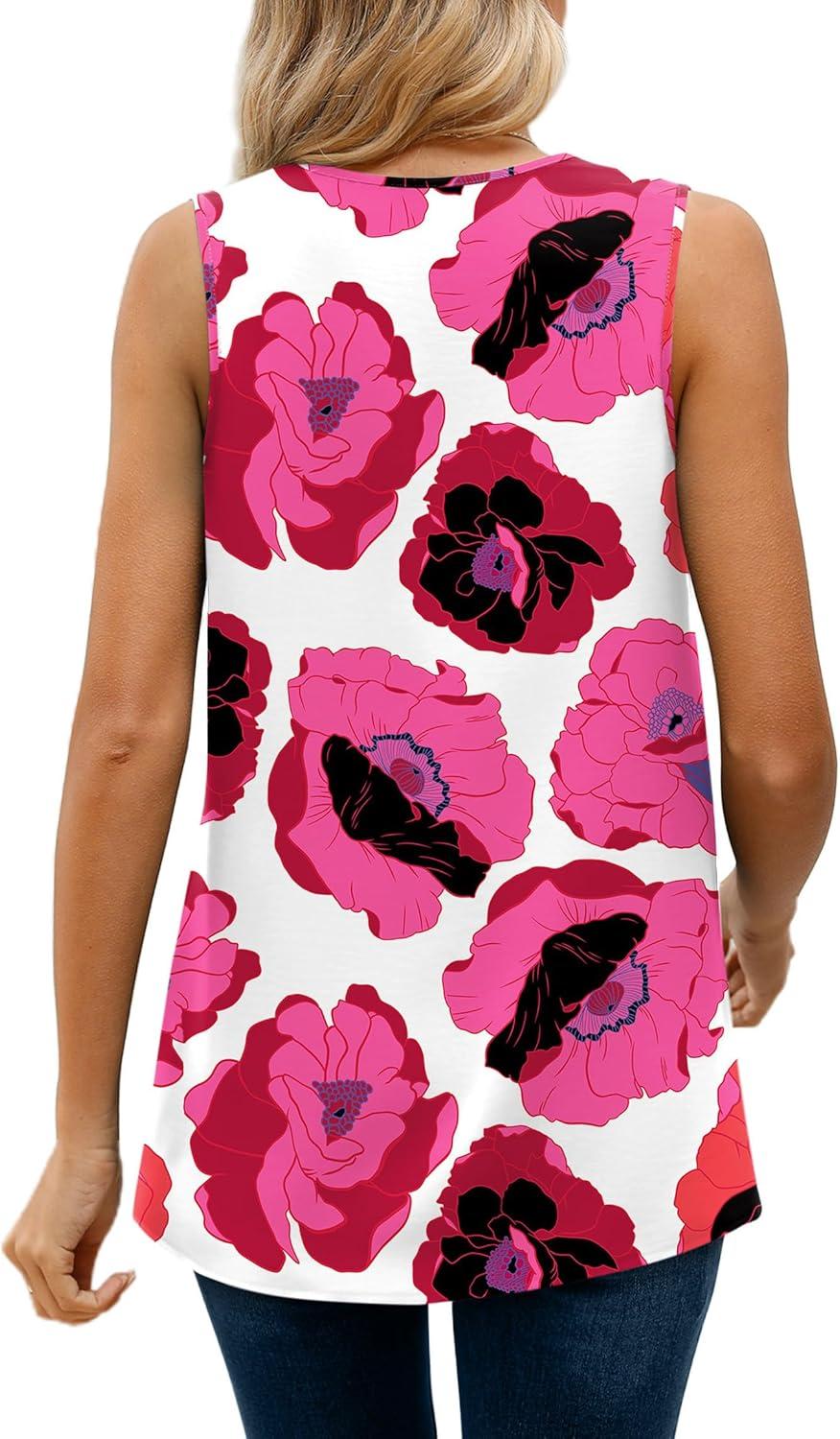 imageXIEERDUO Womens V Neck Chiffon Tank Top Sleeveless Work Office Pleated Blouses Tops02chot Pink Flower