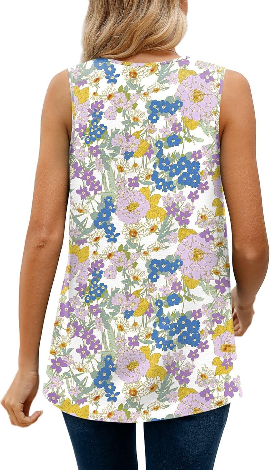 imageXIEERDUO Womens V Neck Chiffon Tank Top Sleeveless Work Office Pleated Blouses Tops03kwhite Blue Floral