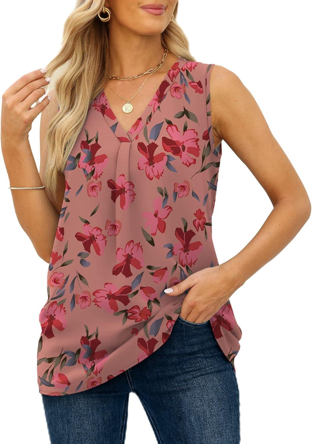 imageXIEERDUO Womens V Neck Chiffon Tank Top Sleeveless Work Office Pleated Blouses Tops03npink Floral