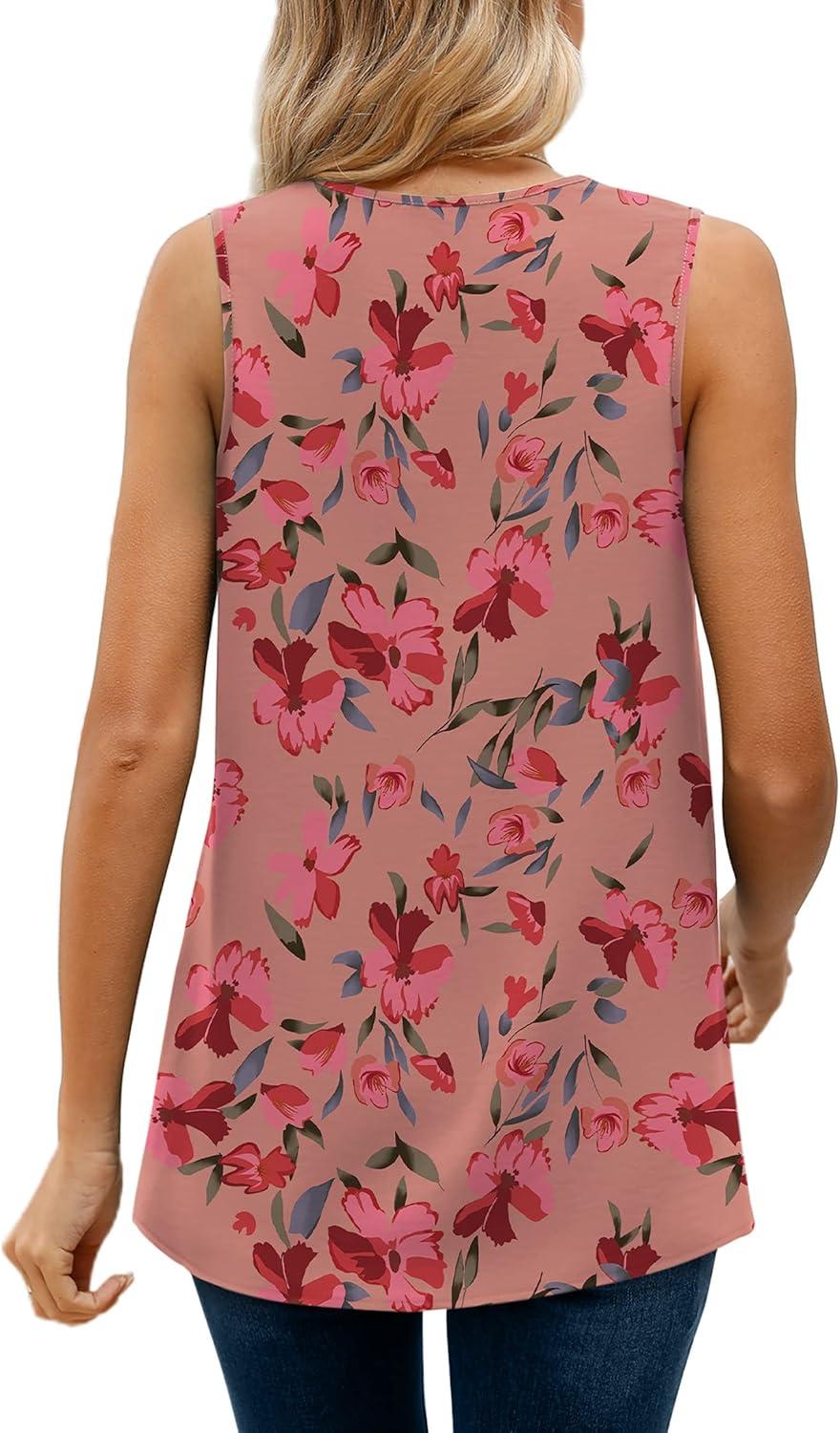 imageXIEERDUO Womens V Neck Chiffon Tank Top Sleeveless Work Office Pleated Blouses Tops03npink Floral