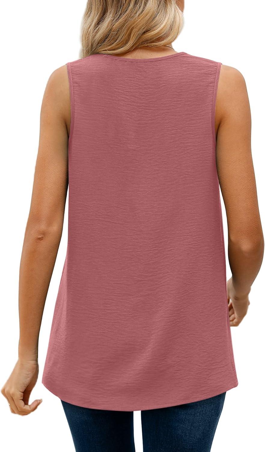 imageXIEERDUO Womens V Neck Chiffon Tank Top Sleeveless Work Office Pleated Blouses Tops03pink