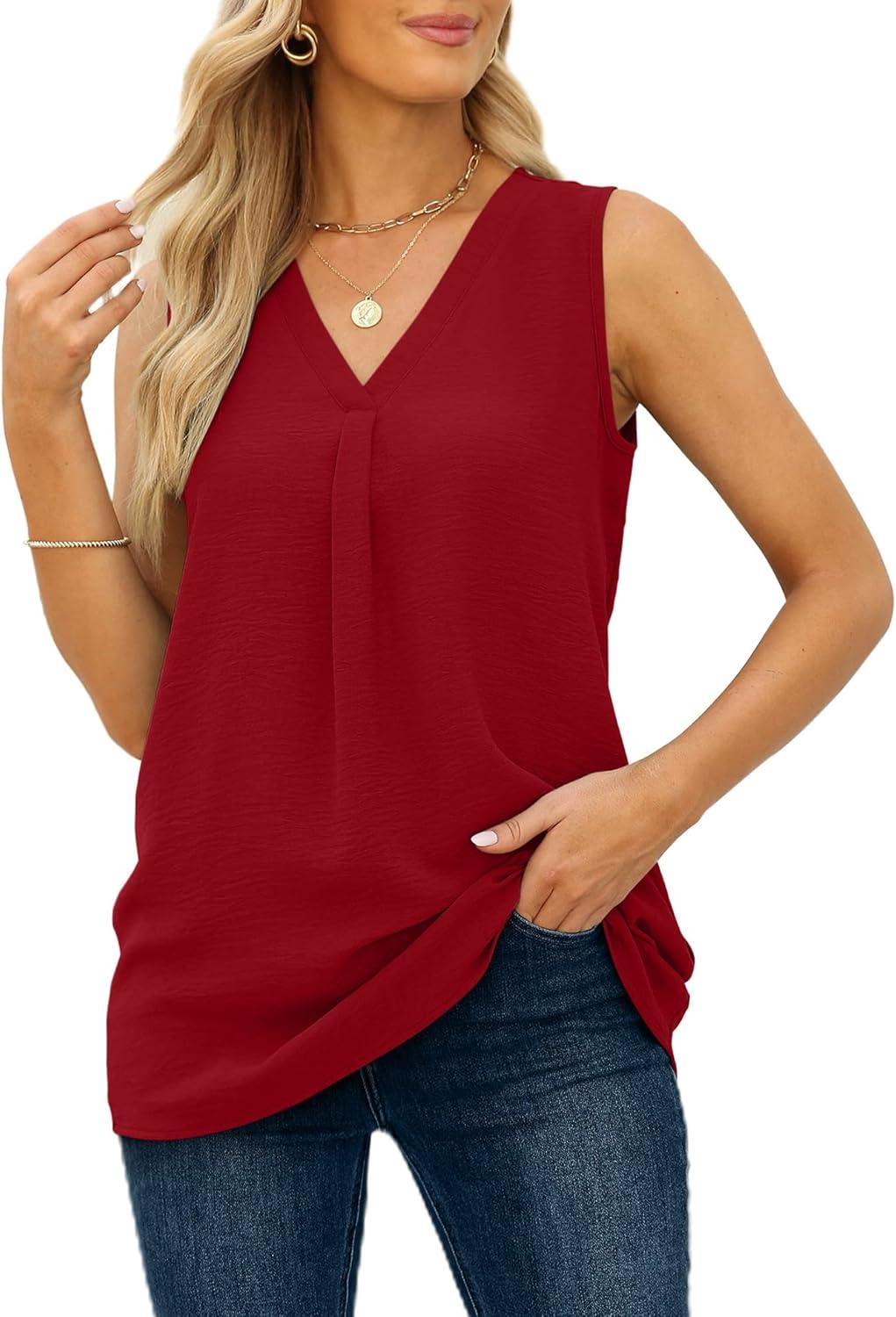 imageXIEERDUO Womens V Neck Chiffon Tank Top Sleeveless Work Office Pleated Blouses Tops04red