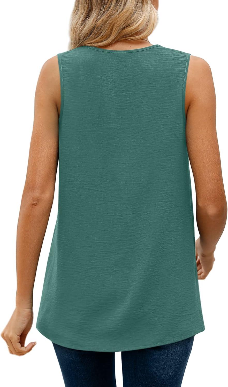 imageXIEERDUO Womens V Neck Chiffon Tank Top Sleeveless Work Office Pleated Blouses Tops05blue