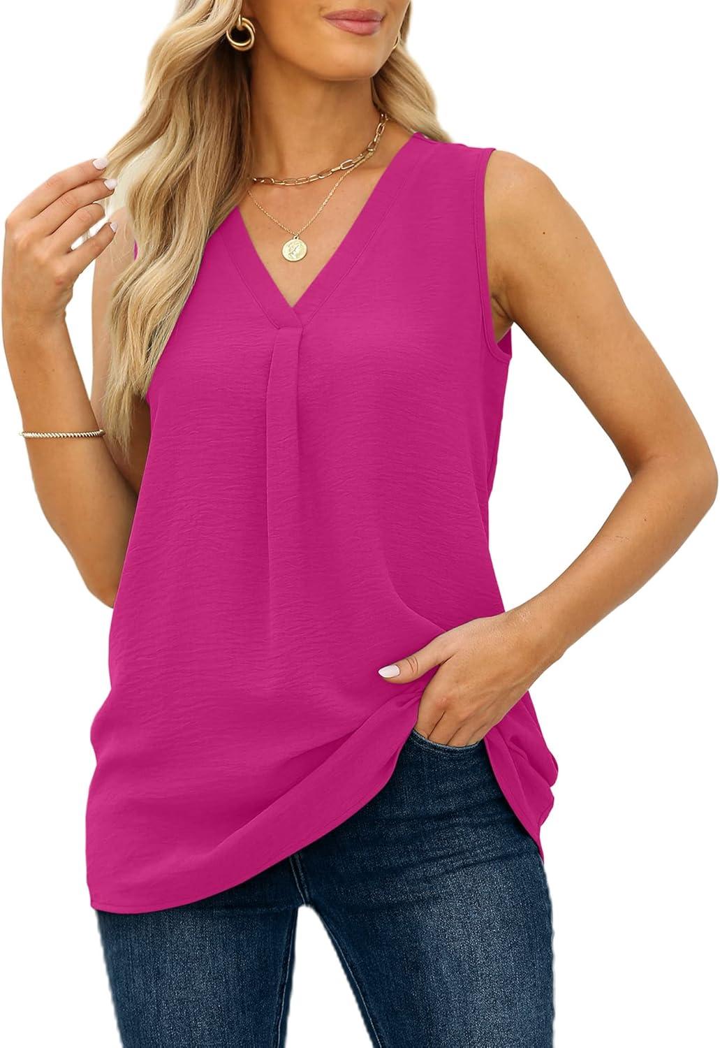 imageXIEERDUO Womens V Neck Chiffon Tank Top Sleeveless Work Office Pleated Blouses Tops07hot Pink