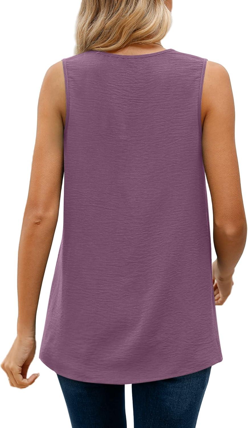 imageXIEERDUO Womens V Neck Chiffon Tank Top Sleeveless Work Office Pleated Blouses Tops11purple