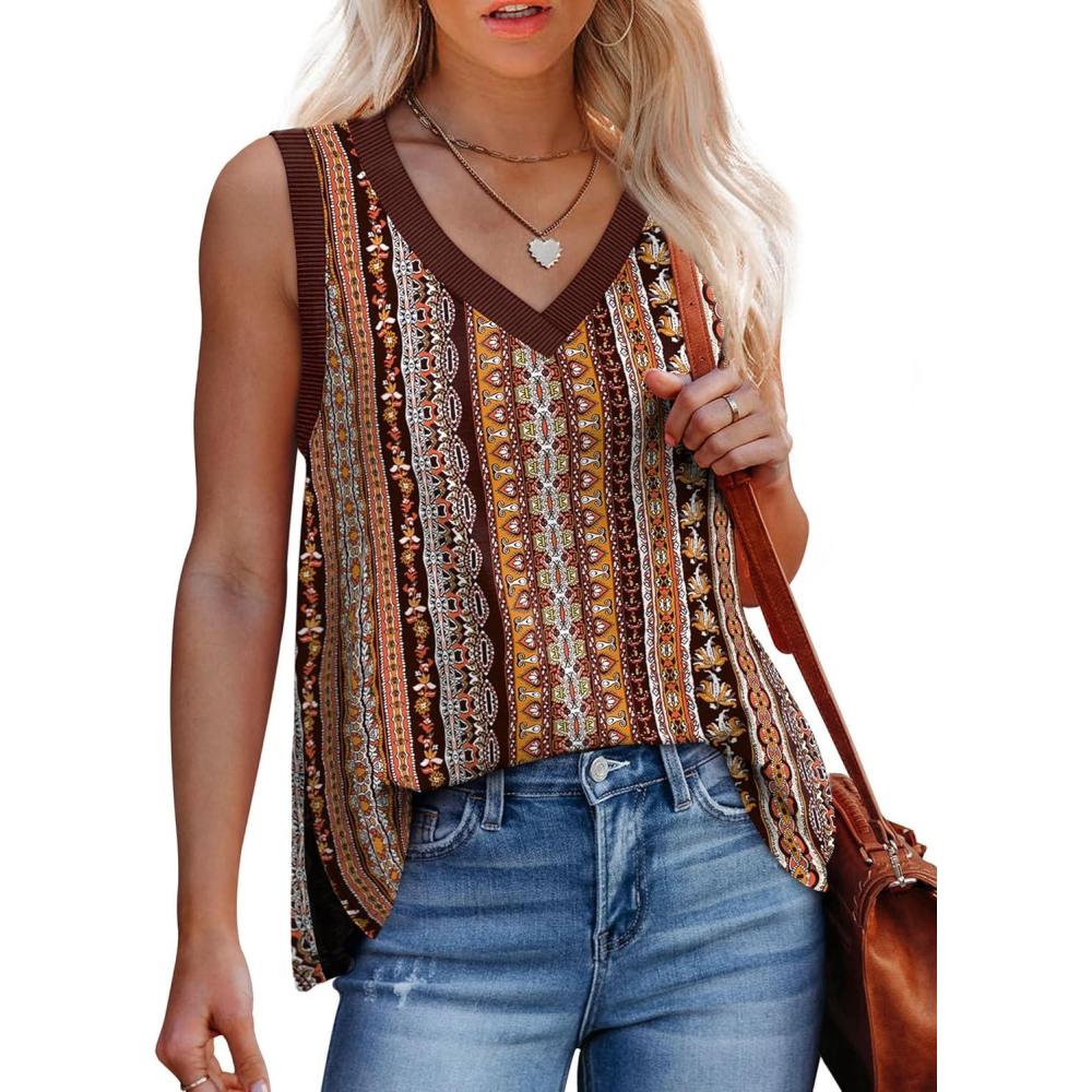 imageWomens Tank Tops Summer V Neck Loose Fit Casual Basic Side Split Sleeveless06color Stripe
