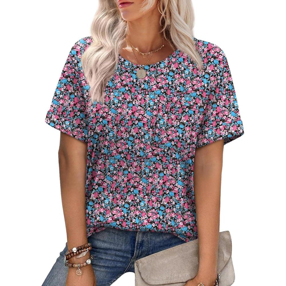 imageXIEERDUO Summer Tops for Women Casual Crewneck Short Sleeve Shirts Pocket ComfyPurple Flower