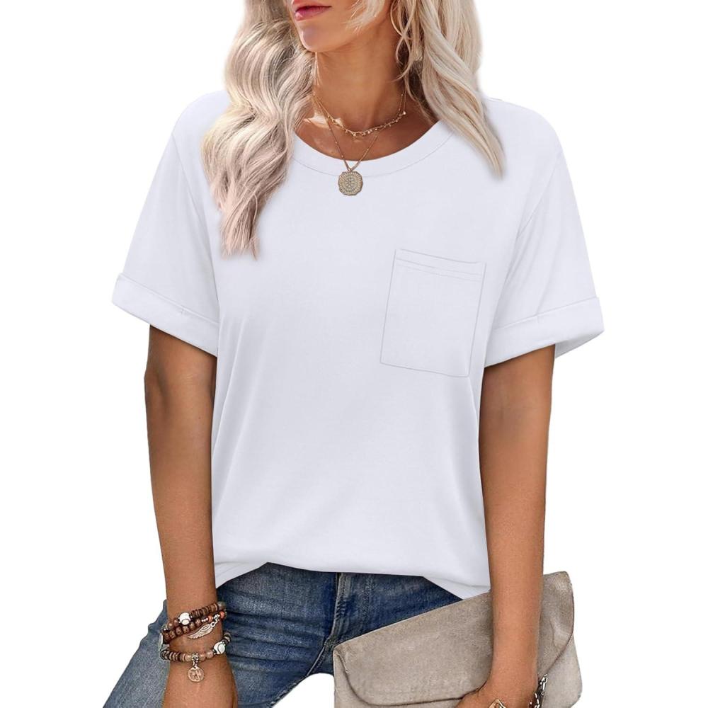 imageXIEERDUO Summer Tops for Women Casual Crewneck Short Sleeve Shirts Pocket ComfyWhite