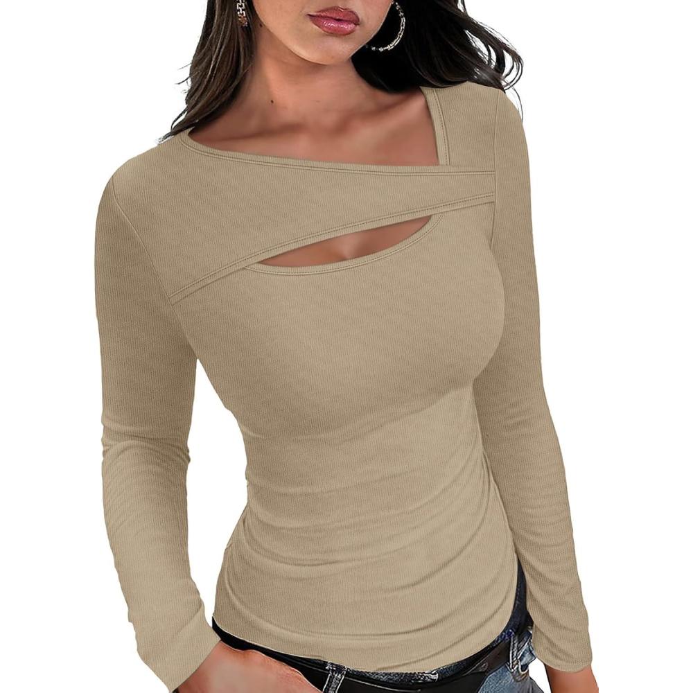 imageXIEERDUO Womens Long Sleeve Tops Slim Fit Fall Shirts Cutout Tops Y2K Ribbed TshirtApricot