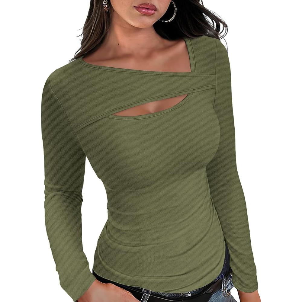 imageXIEERDUO Womens Long Sleeve Tops Slim Fit Fall Shirts Cutout Tops Y2K Ribbed TshirtArmy Green