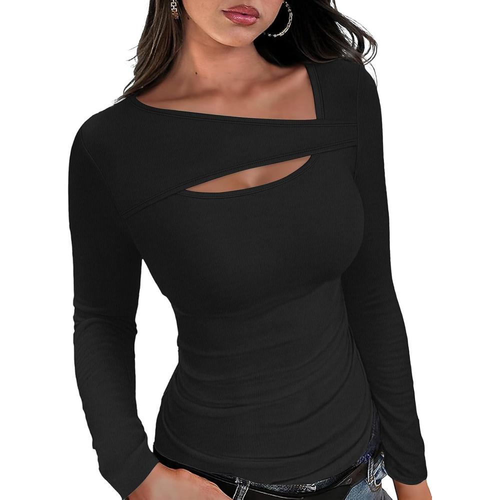 imageXIEERDUO Womens Long Sleeve Tops Slim Fit Fall Shirts Cutout Tops Y2K Ribbed TshirtBlack