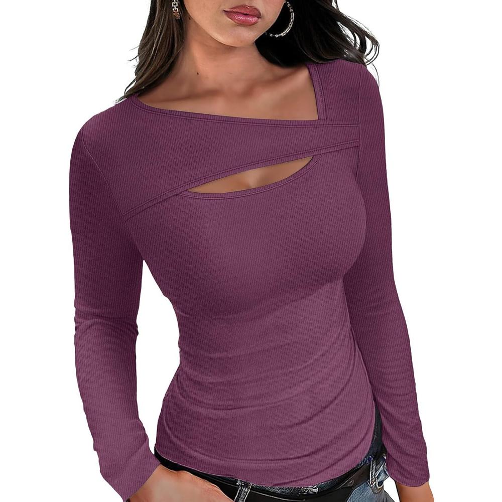 imageXIEERDUO Womens Long Sleeve Tops Slim Fit Fall Shirts Cutout Tops Y2K Ribbed TshirtPurplish