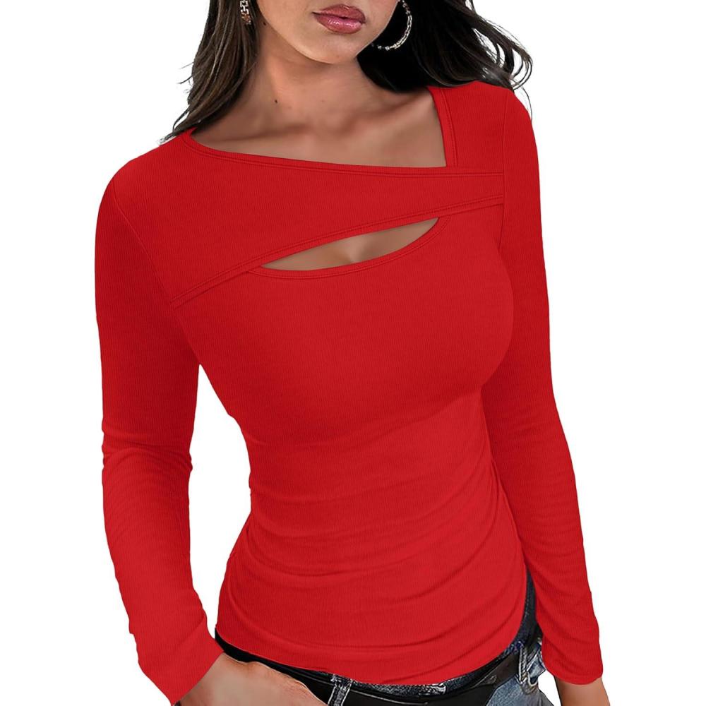 imageXIEERDUO Womens Long Sleeve Tops Slim Fit Fall Shirts Cutout Tops Y2K Ribbed TshirtRed