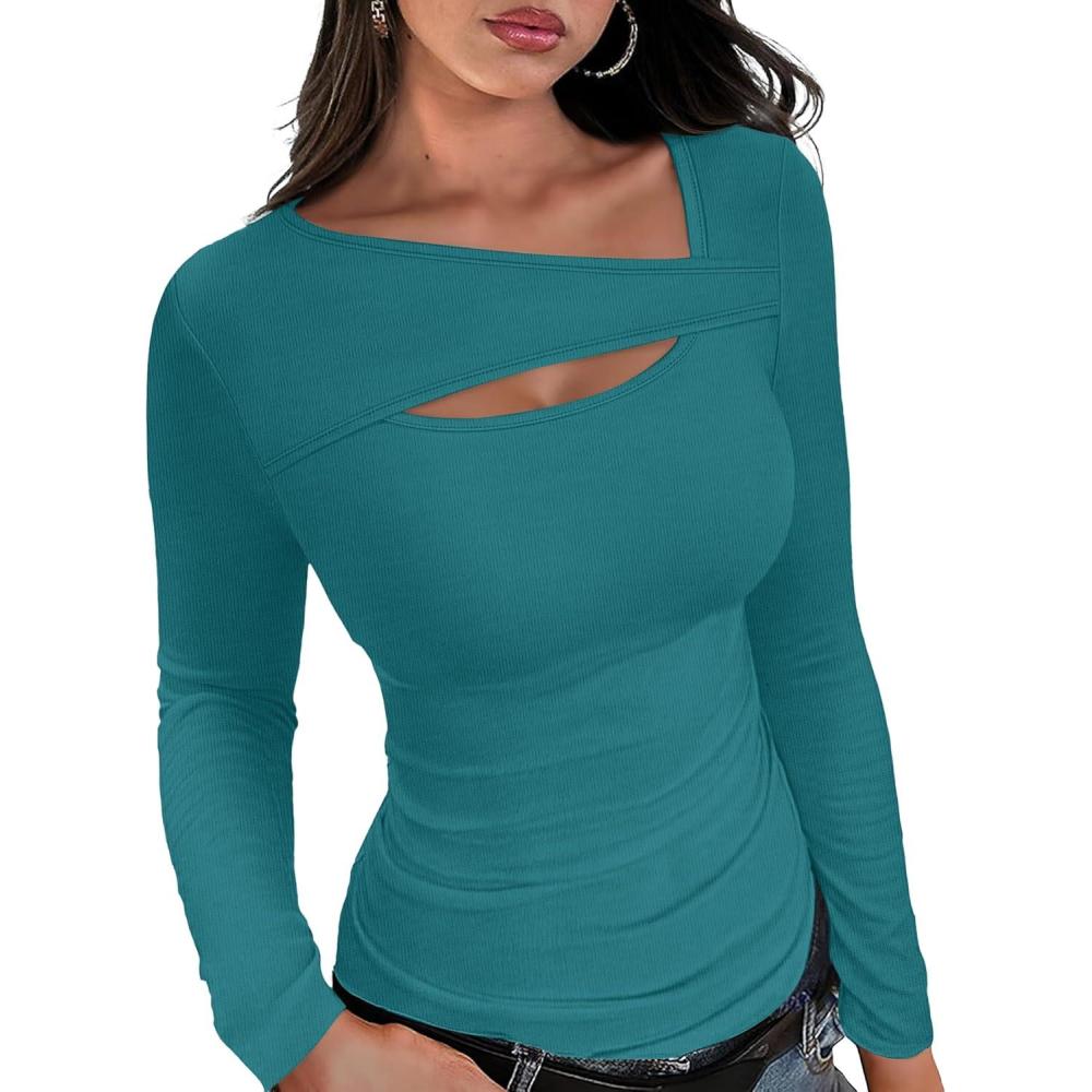 imageXIEERDUO Womens Long Sleeve Tops Slim Fit Fall Shirts Cutout Tops Y2K Ribbed TshirtTeal