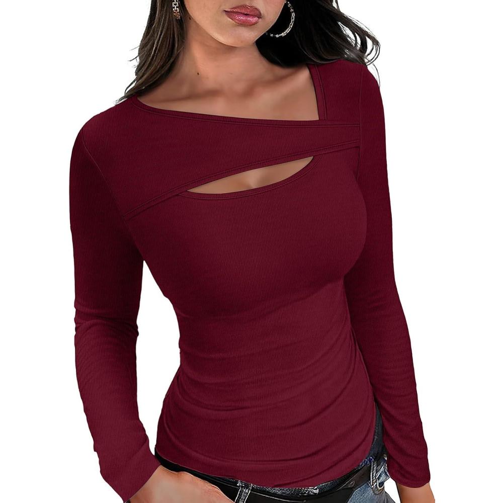 imageXIEERDUO Womens Long Sleeve Tops Slim Fit Fall Shirts Cutout Tops Y2K Ribbed TshirtWine Red