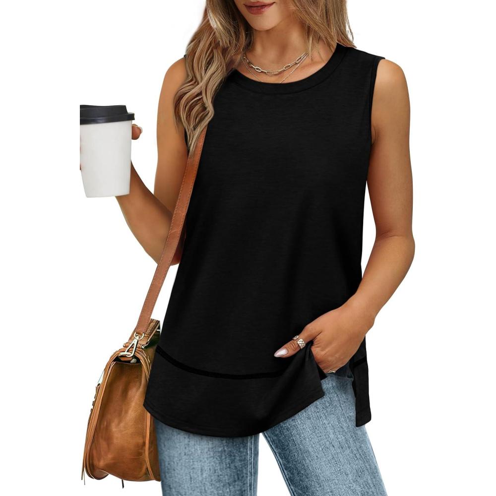 imageXIEERDUO Womens Summer Tank Tops Sleeveless Round Neck Casual Side Hem Tops Loose FitA Black