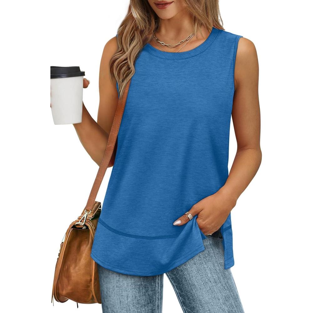 imageXIEERDUO Womens Summer Tank Tops Sleeveless Round Neck Casual Side Hem Tops Loose FitBlue
