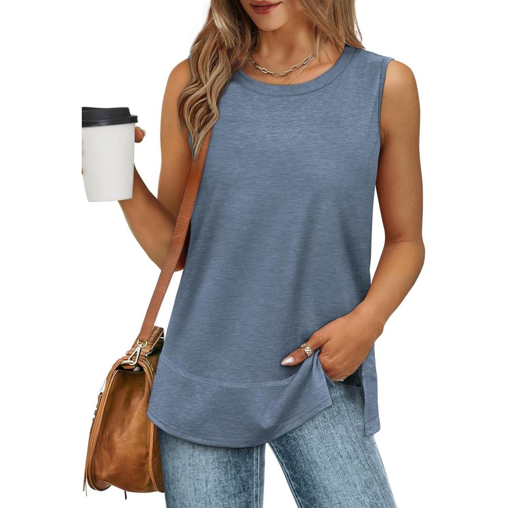 imageXIEERDUO Womens Summer Tank Tops Sleeveless Round Neck Casual Side Hem Tops Loose FitDark Blue