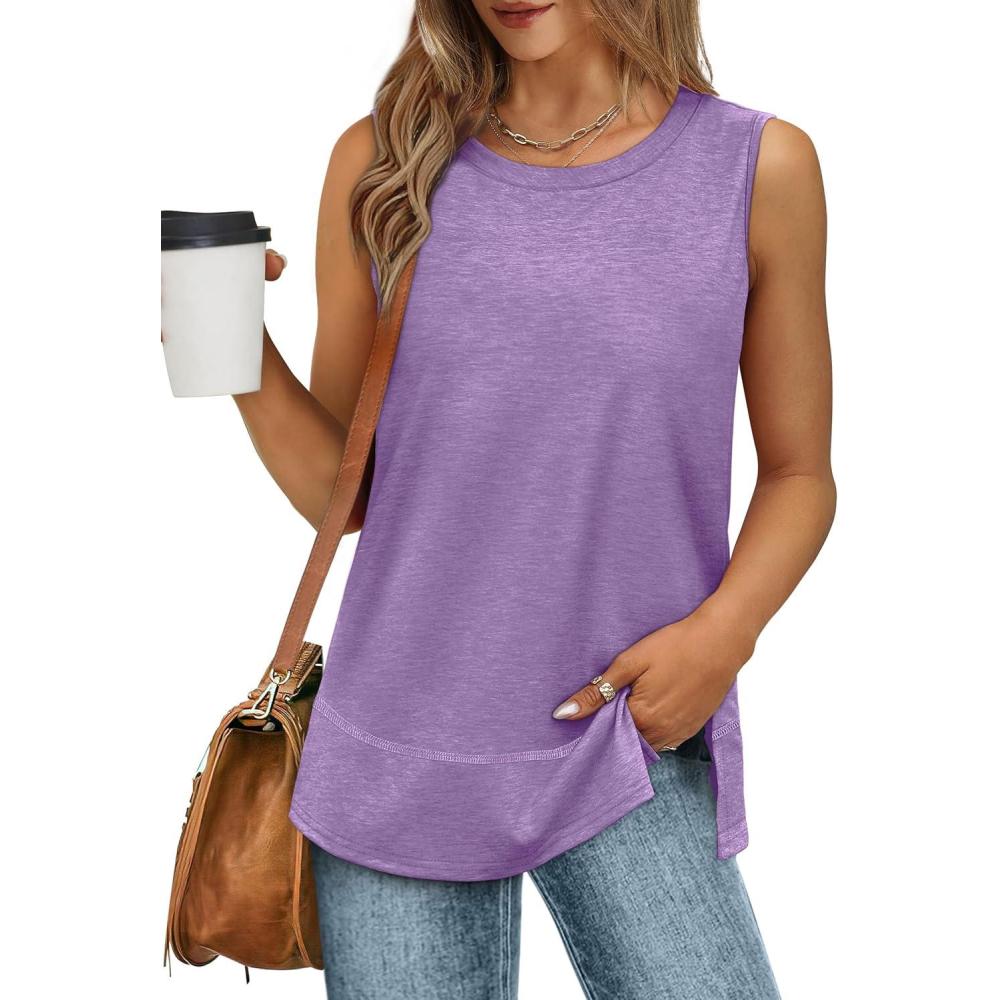 imageXIEERDUO Womens Summer Tank Tops Sleeveless Round Neck Casual Side Hem Tops Loose FitLavender