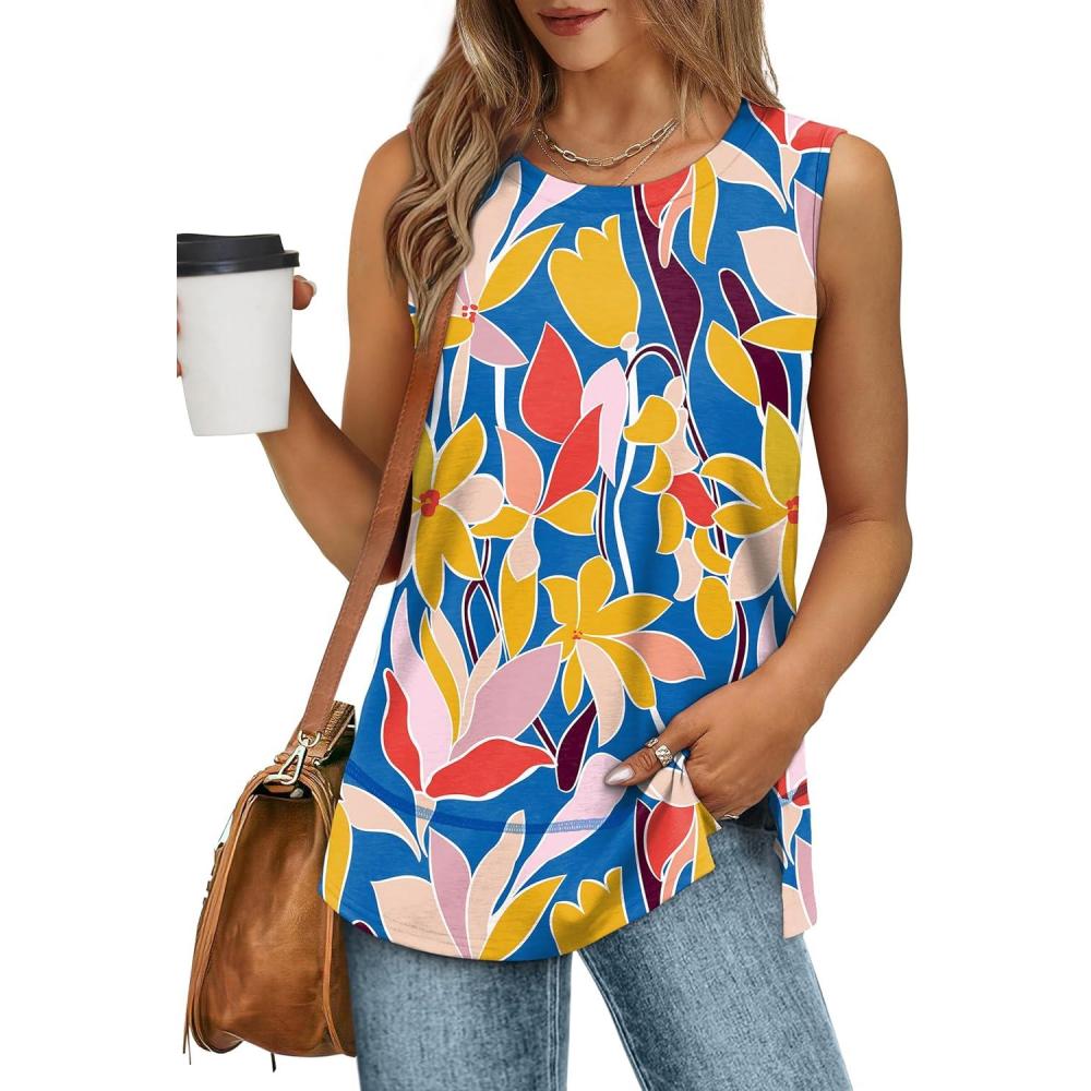 imageXIEERDUO Womens Summer Tank Tops Sleeveless Round Neck Casual Side Hem Tops Loose FitPrinted Colorful